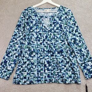 EMALINE Long Sleeve Geometric Print Keyhole Neck Top Size Large Classic Cottage